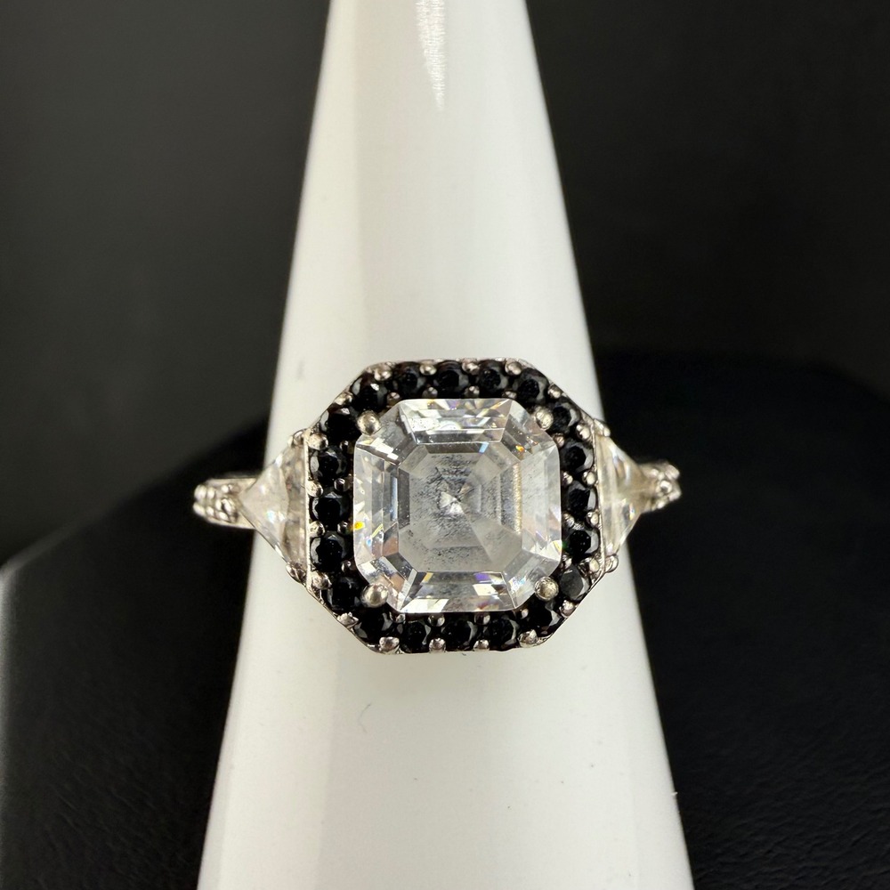 Vintage Diamonique Ring CZ Black Halo 925 Sterling Silver Size 8.25